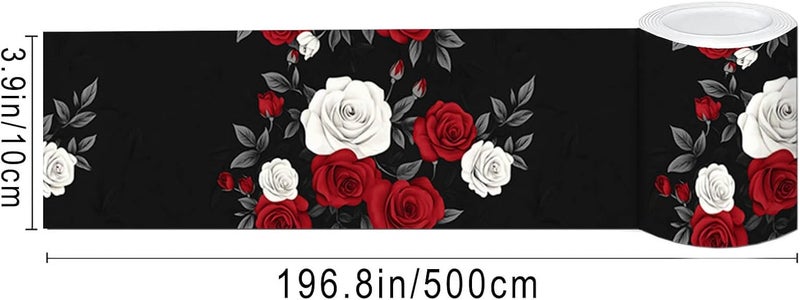 IVN Wallpaper Border Peel and Stick Decorative Wall Trim Self Adhesive Black Red White Rose Floral Design Wallpaper for Bathroom Laundry Room Pool Area Mirror Frame Shelf Wall Edge 4x196 Inch - Image 3